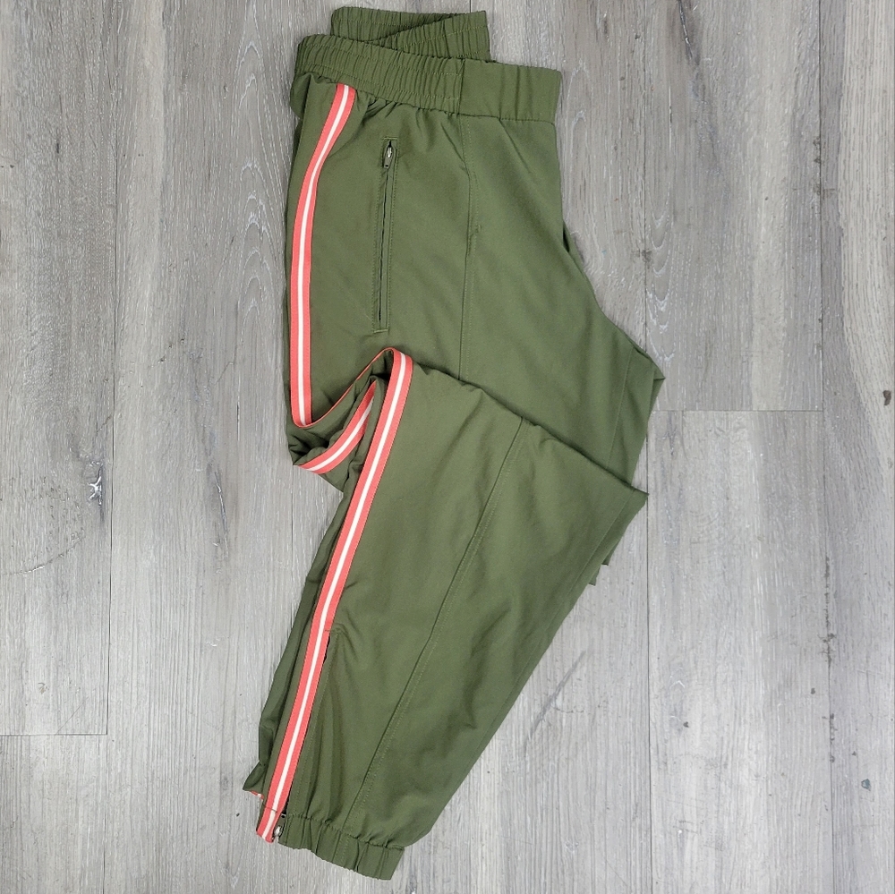 Old Navy Active Olive with Salmon Coral White Side Stripes Zip Ankle Joggers M